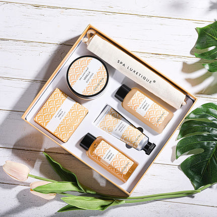 Spa Luxetique Spa Gifts for Women 6pc Vanilla Bath Sets Women Gift With Body Lotion, Shower Gel, Bubble Bath, Hand Cream, Bath and Body Gifts Set, Christmas Gifts