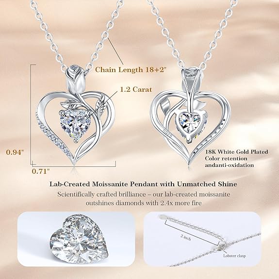 1.2CT Rose Heart Option of Moissanite or Lab-Grown Sapphire Necklace for Women Birthstone Necklace S925 Sterling Silver 18K White Gold Plated D Color VVS1 Gift for Wife Mother for Birthday Anniversary Christmas Convey 'I Love You' Message