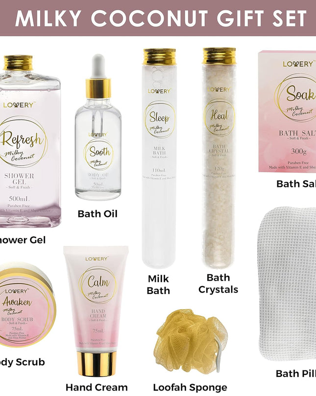 Christmas Gift Set - Home Spa Gift Basket with Milky Coconut Scent, Vitamin E & Shea Butter with Shower Gel, Bath Salt & Crystals, Body Scrub, Hand Cream, Body Oil, Bath Pillow, Wooden Crate & More