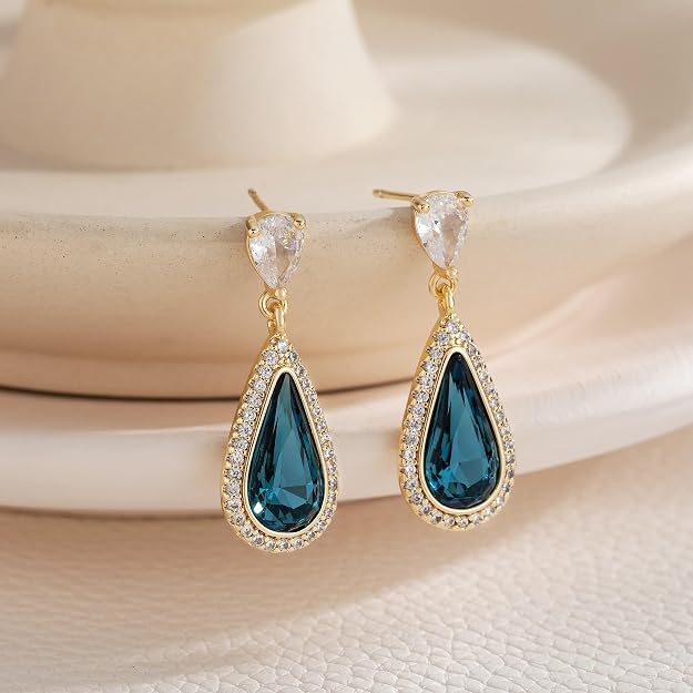 Austrian Crystal Halo Teardrop Dangle Drop Earrings for Women 14K Gold Plated Jewelry Gifts