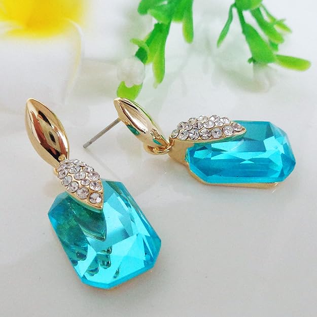 Navachi 18k Gold Plated Spindle Shape Metal White Crystal Square Zircon Dangle Stud Earrings