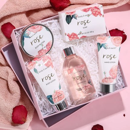 Bath and Body Gift Set for Women, Body & Earth 5 Pcs Rose Spa Set Gifts for Women, Self Care Kit, Lotion Sets for Women ,Christmas Gifts for Women