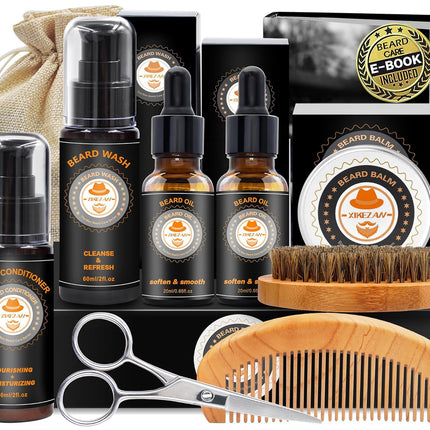 Upgraded Beard Grooming Kit w/Beard Conditioner,Beard Oil,Beard Balm,Beard Brush,Beard Wash,Beard Comb,Beard Scissor,Bag,E-Book,Beard Care Daddy Gifts for Men Him Dad Husband Boyfriend