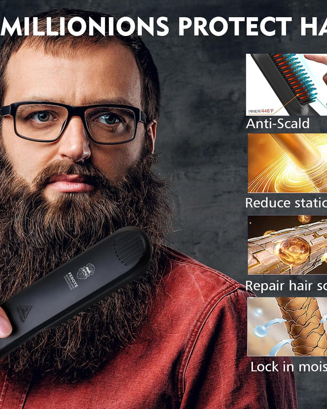 Beard Straightener Kit for Man- Heated Grooming Beard Brush, Beard Balm,Comb,Beard Growth Oil, Value Gift Set for Fathers Day,No-Scald,for Soft,Thick,Curly Beard,Prevent Damage