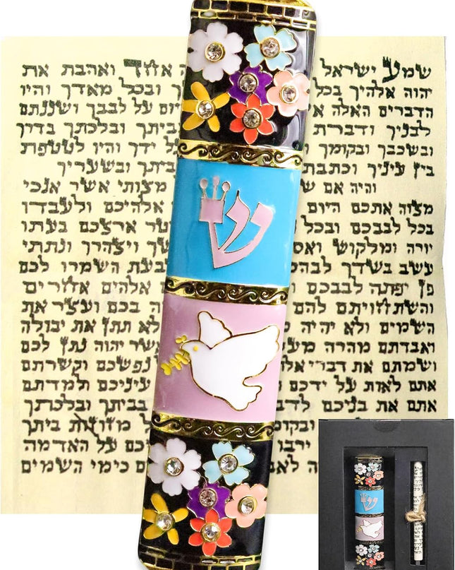 Exquisite Enamel Design Mezuzah with Scroll, Easy Install Use Double-Sided Tape, Dove with an Olive Branch Theme Mezuzah for Door with Crystal Diamond Accent for Any Jewish Occasions, 3.8”