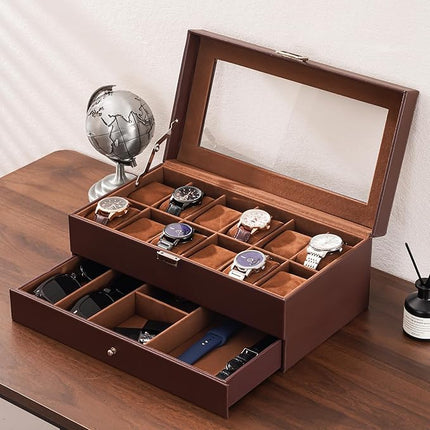 ProCase Watch Box for Men, 12 Slot Mens Watch Case With Drawer, Watch Display Case With Glass Lid, 2-Layer Watch Holder Organizer, Jewelry and Watch Storage for Men Women -12Slot, Espresso