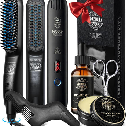 Beard Straightener Kit for Man- Heated Grooming Beard Brush, Beard Balm,Comb,Beard Growth Oil, Value Gift Set for Fathers Day,No-Scald,for Soft,Thick,Curly Beard,Prevent Damage