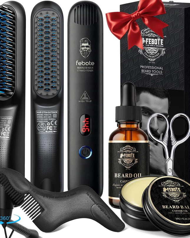 Beard Straightener Kit for Man- Heated Grooming Beard Brush, Beard Balm,Comb,Beard Growth Oil, Value Gift Set for Fathers Day,No-Scald,for Soft,Thick,Curly Beard,Prevent Damage