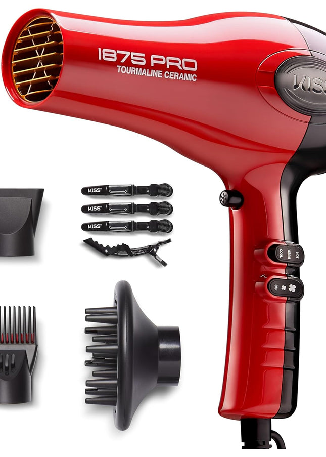 KISS 1875 Watt Pro Tourmaline Ceramic Hair Dryer, Styling Edition, 3 Heat Settings, 2 Speed Settings, Cool Shot Button, 7 Blow Dryer Accessories Included, 2-Year Warranty - Red