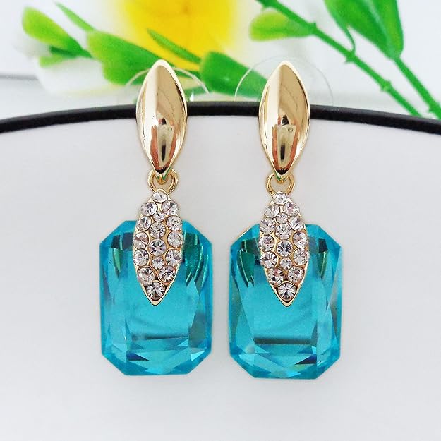 Navachi 18k Gold Plated Spindle Shape Metal White Crystal Square Zircon Dangle Stud Earrings