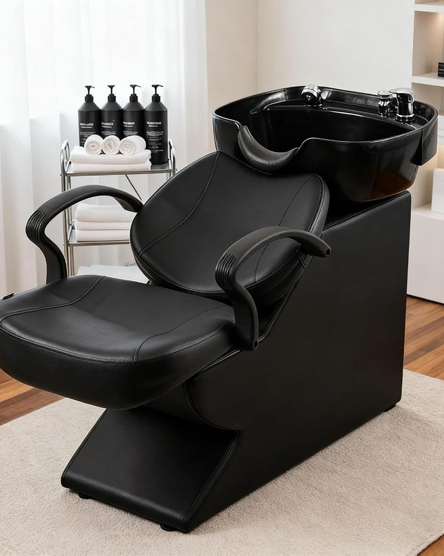 Seogwisam Shampoo Bowl and Chair Set for Salon | PU Leather | ABS Bowl Sink Basin | Built-in Storage Box | High-Density Sponge | Ergonomic Design | Soft...