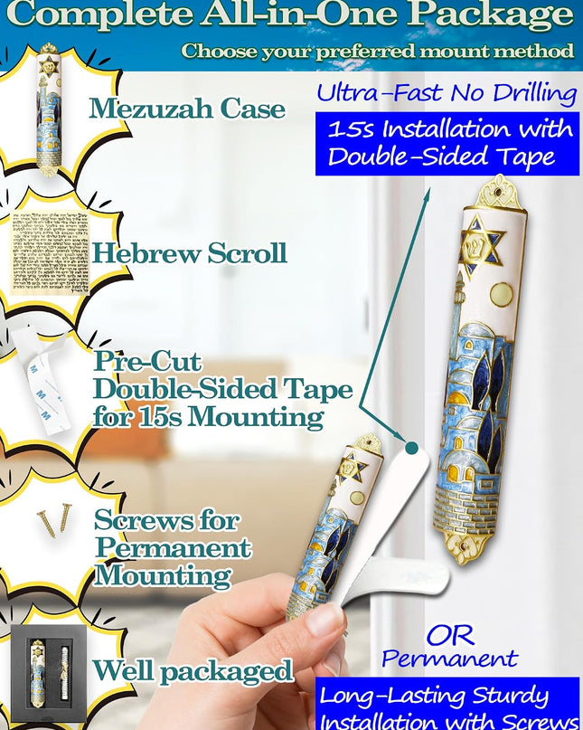 Enamel Mezuzah with Scroll for Door, Easy 2-Way Install, 4”