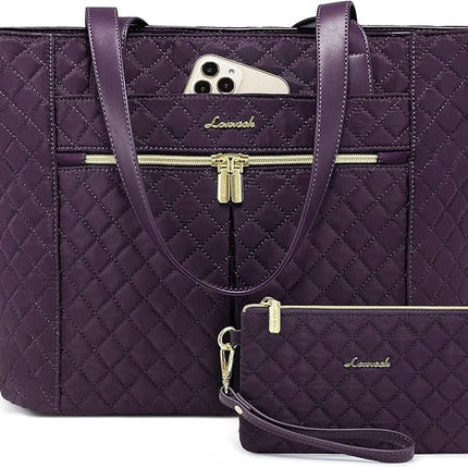 LOVEVOOK Laptop Bag for Women 15.6 inch,Diamond Quilted Work Tote Bags Womens Laptop Tote Bag Computer Shoulder Bags,Stylish Travel Tote Bags Laptop Purse Briefcase Handbag with Clutch Purse,Purple