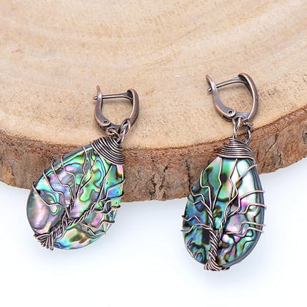 Bronze Copper Wired Sea Abalone Shell Tree of Life Earrings for Women, Vintage Latch Backs