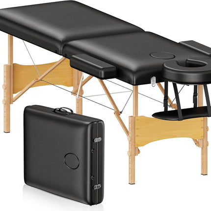 Massage Table Portable Wooden Lash Bed 2-Fold Tattoo Bed, Black