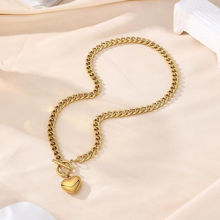 FEEL STYLE Chunky Gold Necklace for Women - 18K Gold Plated Heart Lock Charm Necklace - Cuban Chain Link U Shaped Bamboo Paperclip Choker Necklace - Statement Jewelry Gifts for Women
