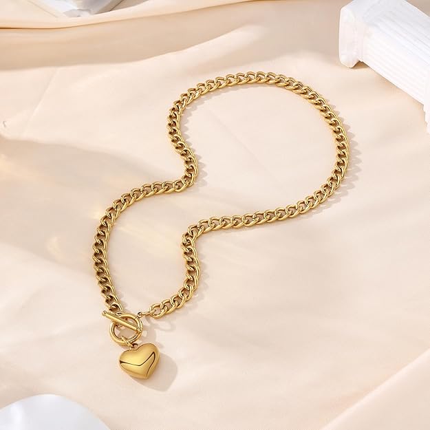 FEEL STYLE Chunky Gold Necklace for Women - 18K Gold Plated Heart Lock Charm Necklace - Cuban Chain Link U Shaped Bamboo Paperclip Choker Necklace - Statement Jewelry Gifts for Women