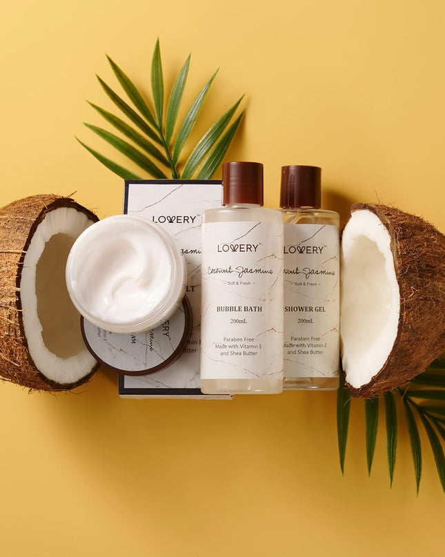 Christmas Gifts for Women and Men, Spa Gift Baskets for Women, Mom, Her - Coconut Jasmine Bath Sets & Personal Self Care Kit, Birthday Gifts for Mom Who Has Everything, Relaxation & Pampering Gifts