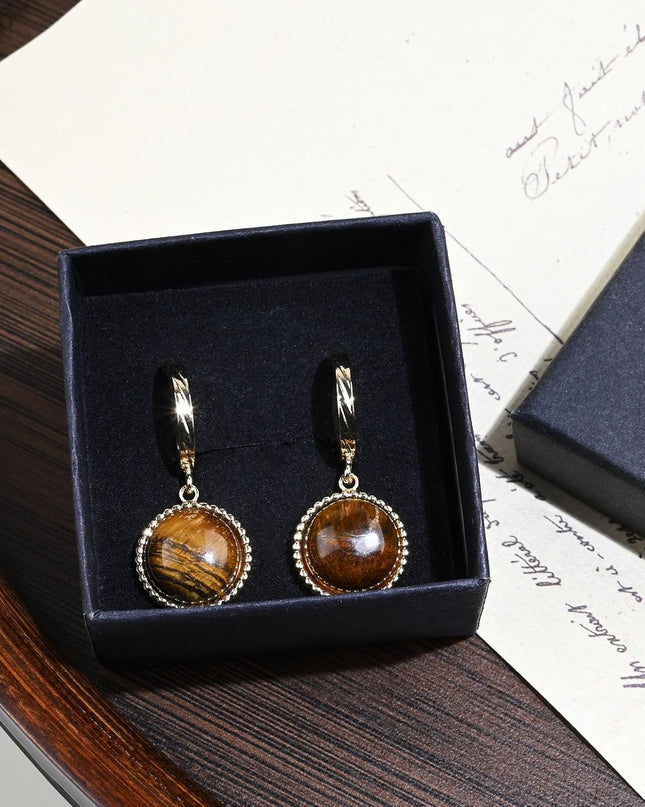 Tiger Eye Gemstone Earrings 14k Gold Plated Dangle Drop Earrings Gold Hoop Stud Earrings for Women Fashion Jewelry