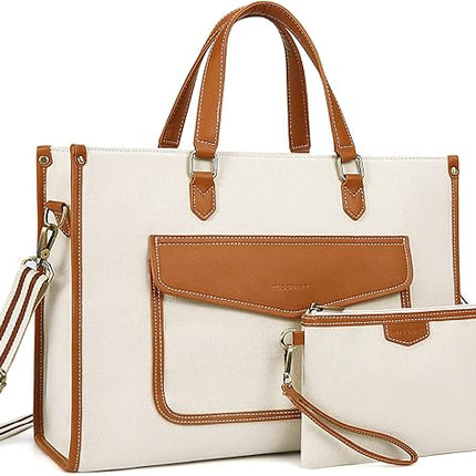 Missnine Tote Bag Canvas Laptop Bag for Women 15.6 inch Casual Work Bags with Clutch Purse Computer Shoulder Bag 2 PCS Set for Travel, Office, College