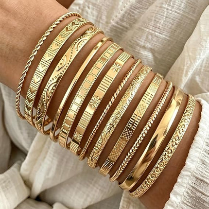 12Pcs Gold Bangle Bracelets for Women 14K Plated Adjustable Indian Boho Set