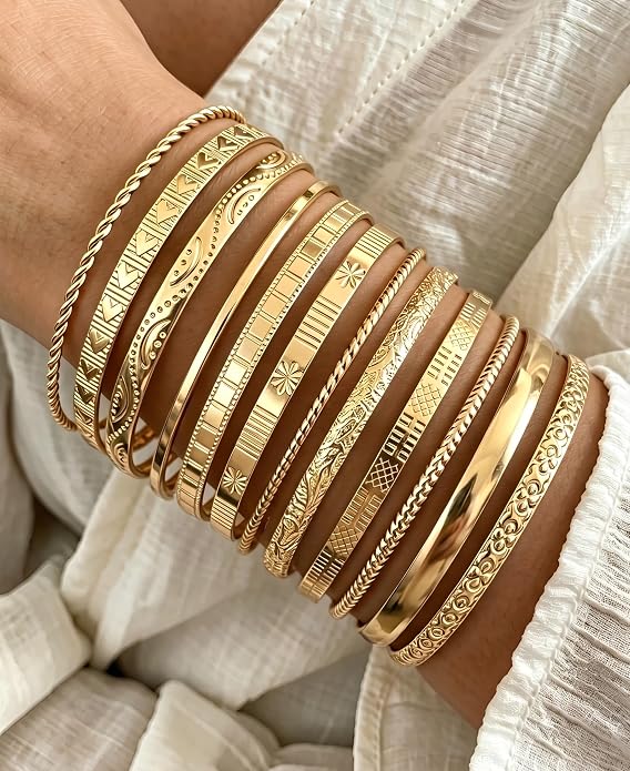 12Pcs Gold Bangle Bracelets for Women 14K Plated Adjustable Indian Boho Set