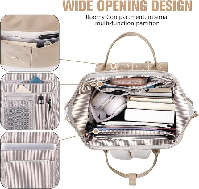MOMUVO Laptop Backpack for Women with USB Port, Student Bookbag Water Resistant Backpacks Teacher Doctor Nurse Work Stylish Travel Bags, Fits 17-Inch Laptop Khaki Beige