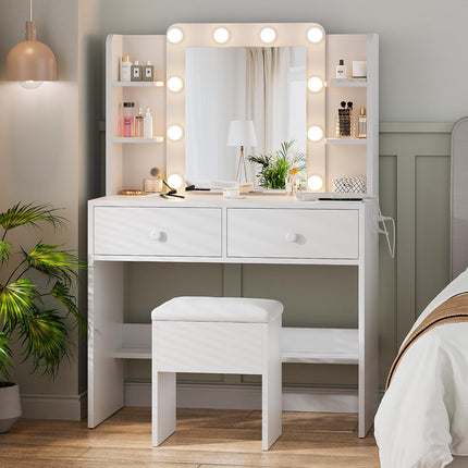 Haewon Makeup Vanity Desk with Lighted Mirror and Chair Set, White