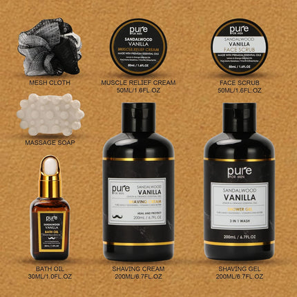 Pure Mens Bath and Body Gift Set. 7 Pc Natural Spa Gift Basket for Men. Spa Gift Set is #1 Ideal Gift for Men That Care about themselves!