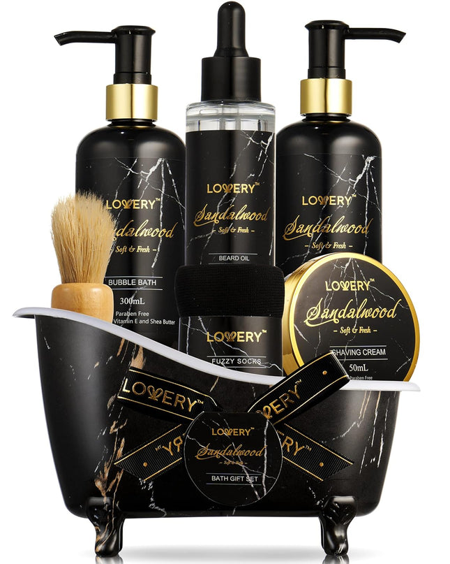 Bath Gift Baskets for Men, Boyfriend, Him, Dad, Sandalwood Mens Grooming Kit, Birthday Gifts for Men, Bath and Body Self Care with Bubble Bath, Beard Brush and More, Beard Care and Spa Set