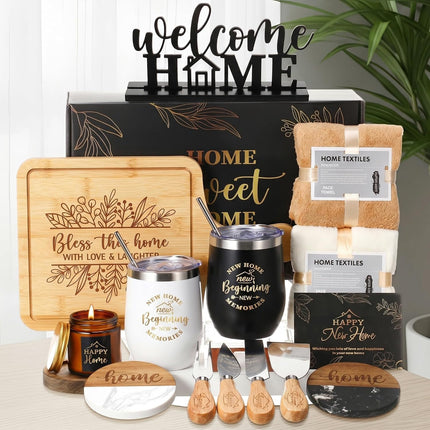 Housewarming Gifts New House -19 Pcs Closing Gifts for Couple Friend Women Men Home Buyers, House Warming Basket for New Houses Apartment Kitchen Presents(Classic, Black)