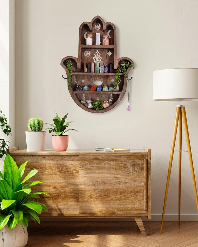 TAMIM CRAFTS Wooden Hamsa Shelf for Crystals- Large 20 Inch Crystal Display Shelf for Stones, Crystal Holder Shelf, Essential Oil Display, Hand Crystal Shelf for Room Decor, Hamsa Wall Décor