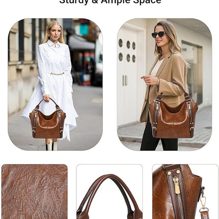BAVERGE Purses for Women 3PCS, Large PU Leather Handbag Set Hobo Tote with Ladies Crossbody Shoulder Bag Wallet Guitar Strap