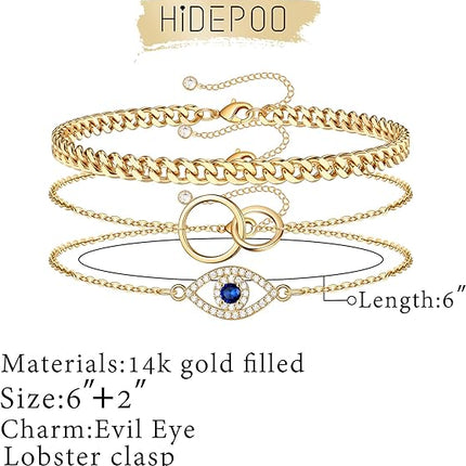 Dainty Layered Evil Eye Bracelets for Women, 14K Gold Filled Adjustable Bead Layering Bracelet Cute CZ Evil Eye Bar Coin Bracelet Gold Layered Paperclip Chain Bracelets for Women Jewelry