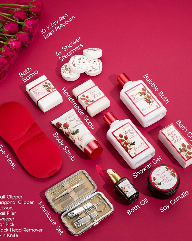 Christmas Gifts, Spa Gifts for Women, Bath and Body Gift Set, Red Rose Gift Basket, 35 Piece Stress Relief Spa Kit, Thank You, Birthday, Mom - Nail Care Kit, Body Scrub, Bubble Bath, Bath Bomb & More