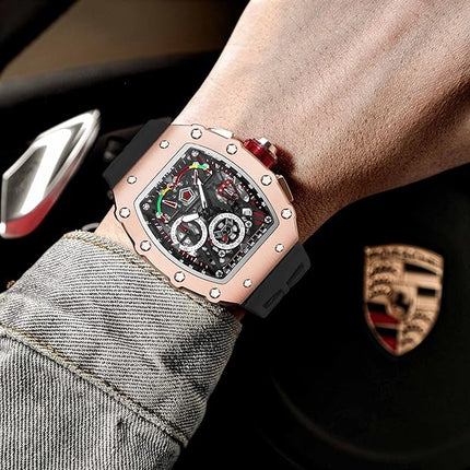FANMIS Mens Luxury Tonneau Square Watches Analog Punk Chronograph Unique Sports Wrist Watch Japanese Movement Luminous Design with Rubber Band