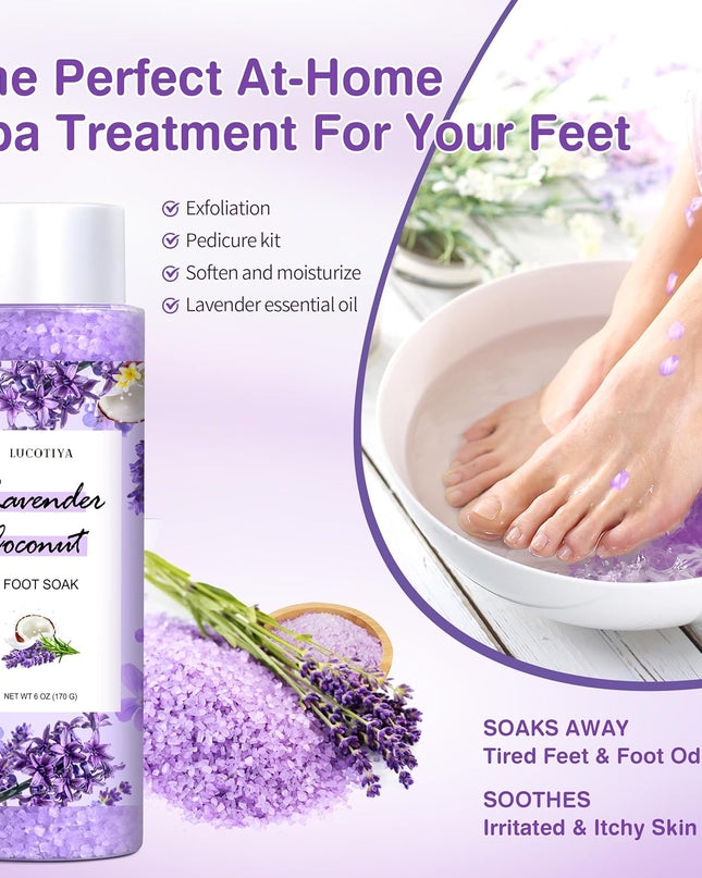 Lavender Foot Soak Set - Salts, Foot File, Scrub & Urea Cream Pedicure Supplies for Dry, Cracked Feet - Women's Spa Kit