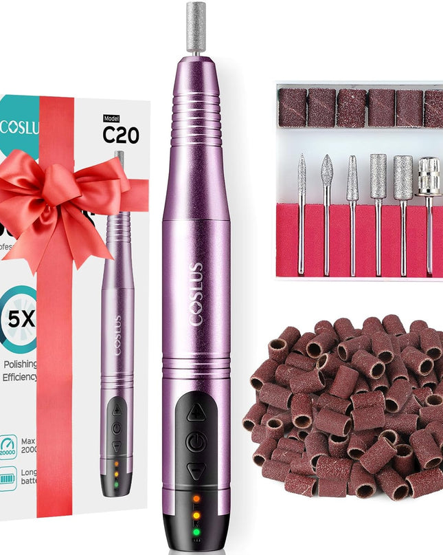 COSLUS Cordless Nail Drill Electric File: Professional for Acrylic Gel Dip Powder Nails Portable Nail Drill Machine Kit for Manicure Pedicure Nail Set with Everything Rechargeable Lightweight