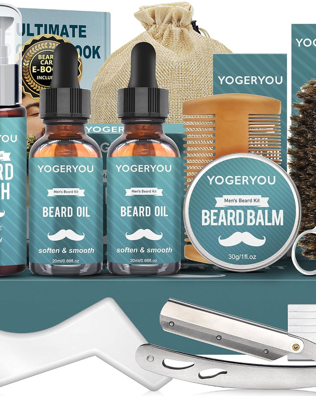 Beard Kit for Men Grooming Gift Set with Straight Razor, Shaping Tool & Oil