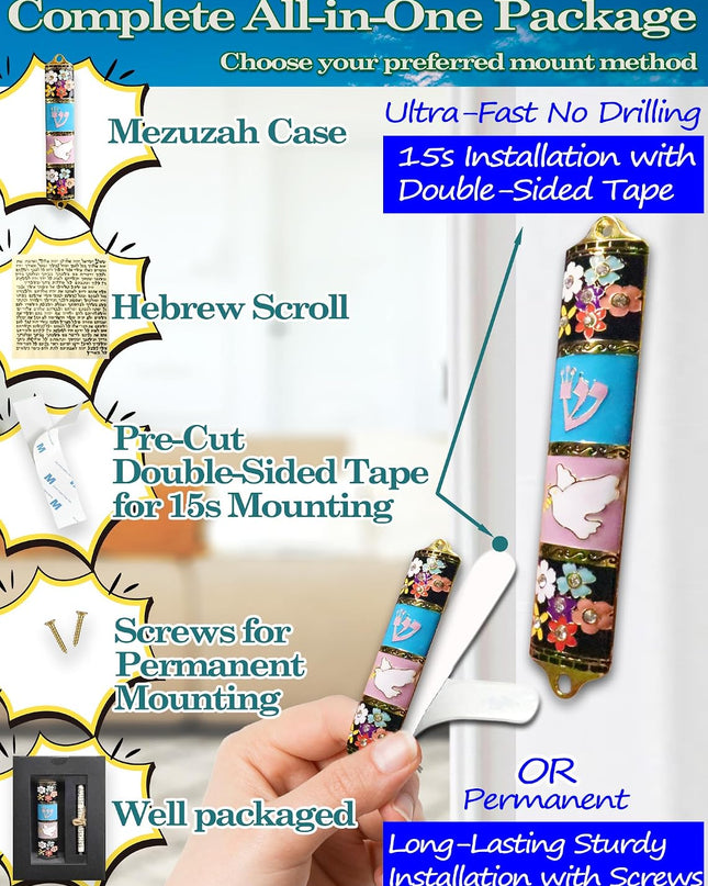 Exquisite Enamel Design Mezuzah with Scroll, Easy Install Use Double-Sided Tape, Dove with an Olive Branch Theme Mezuzah for Door with Crystal Diamond Accent for Any Jewish Occasions, 3.8”