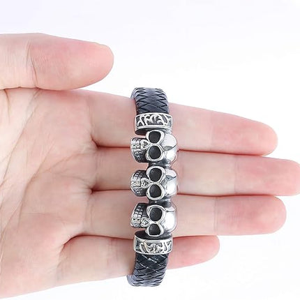 Men's Leather Bracelets Layered Leather Wristbands Cuffs Stainless Steel Clasp Boho Style