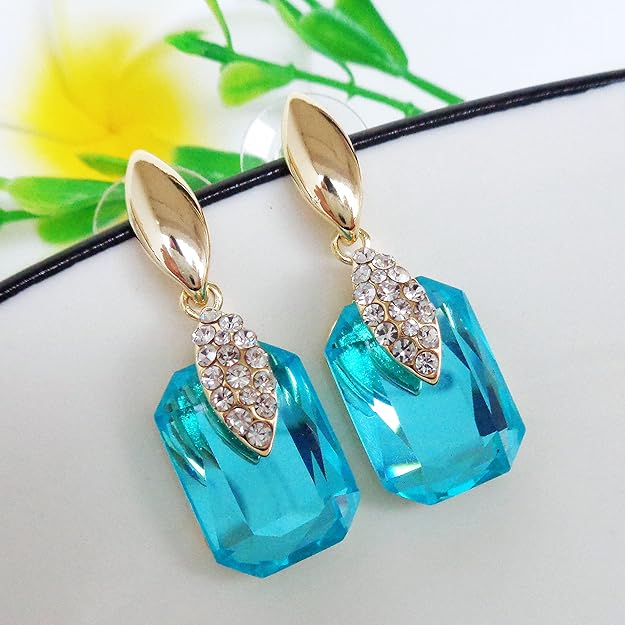 Navachi 18k Gold Plated Spindle Shape Metal White Crystal Square Zircon Dangle Stud Earrings