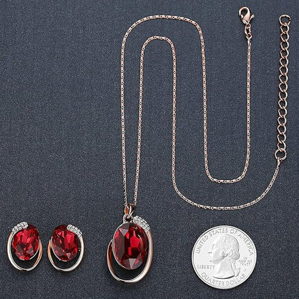 Leafael [Presented by Miss New York] Hidden Dragon Crystal Oval Double Circle Shape Teardrop Jewelry Set Earrings Pendant Necklace, 18" + 2", Nickel/Lead/Allergy Free, Luxury Gift Box