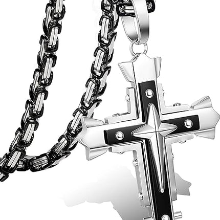 LOLIAS 5MM Stainless Steel Cross Pendant Necklace Men Byzantine Chain Necklace 22-30 Inches