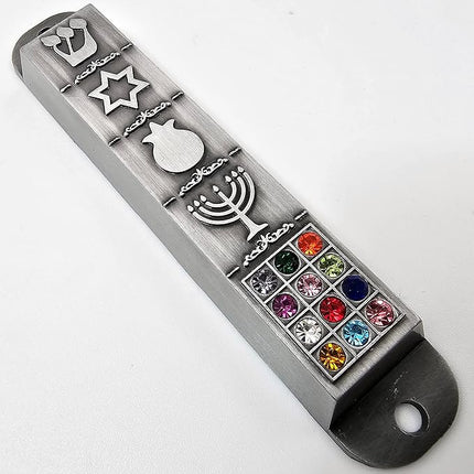 Pewter Mezuzah Case with Scroll for Door 3D Jewish Star of David Jerusalem Menorah 12 Tribes of Israel Mezuza Judaica Gift 10 cm / 4 inch