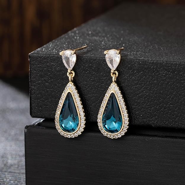 Austrian Crystal Halo Teardrop Dangle Drop Earrings for Women 14K Gold Plated Jewelry Gifts
