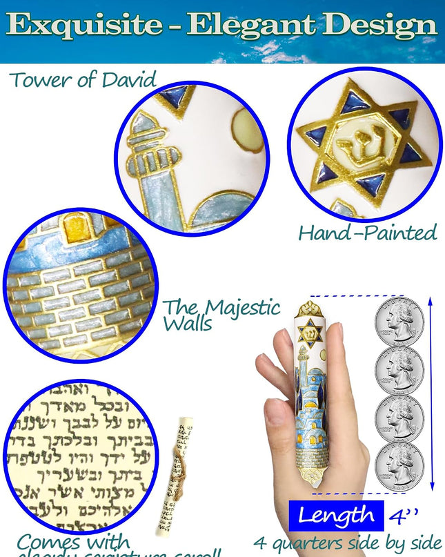 Enamel Mezuzah with Scroll for Door, Easy 2-Way Install, 4”