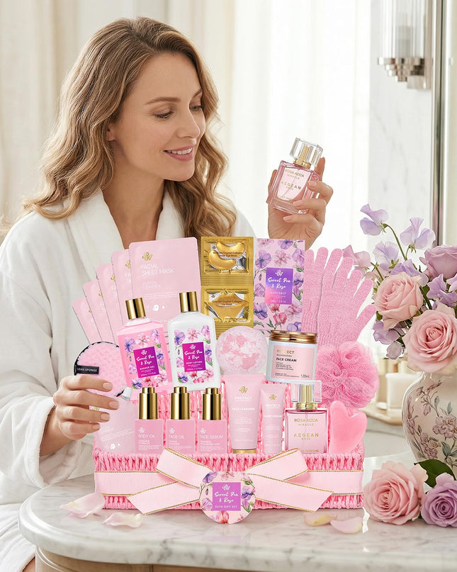 Gifts for Women, 32 Pcs Rose Spa Gifts Basket, Hydrating Face Skin Care Set
