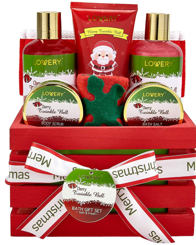 Bath and Body Christmas Gift Basket For Women and Men – Cherry Twinkle Bell Home Spa Set, IncludesFragrant Body Lotions, Bath Salts, Stocking Stuffer,Loofah Scrubber and More
