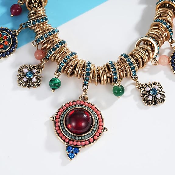 SUNLAND Bohemian Multicolor Round Pendants Enamel Rhinestone Ethnic Necklace for Women